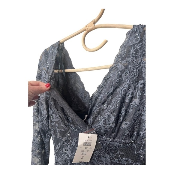 Cache Silver Pewter Gray Sequin Lace Layered Mini Sheath Occasion Dress Size 2 - Picture 15 of 16